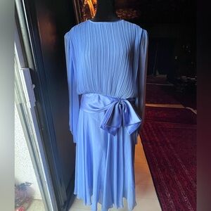 Vintage 1970s Periwinkle Pleated Dress with Bow Union Made size Medium
